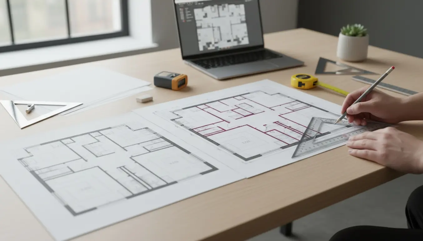 Hænder tegner nye skillevægge på plantegning med lineal og målestok, før- og efter-optegninger ligger på et lys træbord.