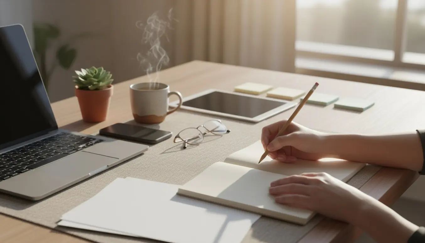 Et ryddeligt skrivebord i blødt dagslys med hænder, der skriver i en notesbog ved siden af en bærbar computer.