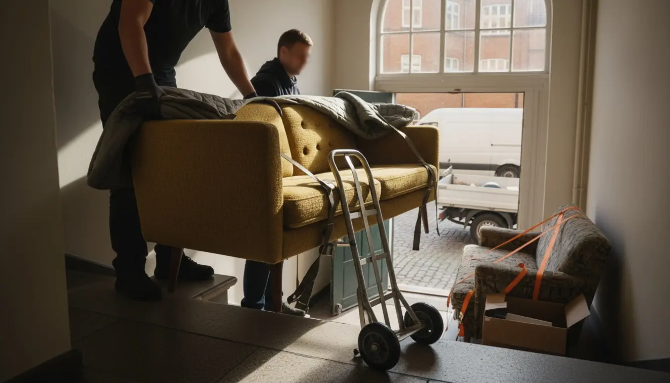 Flyttemænd bærer en sofa ned ad en trappe mod en udekøret flyttevogn, mens en gammel sofa er læsset i en åben ladbil til bortskaffelse.