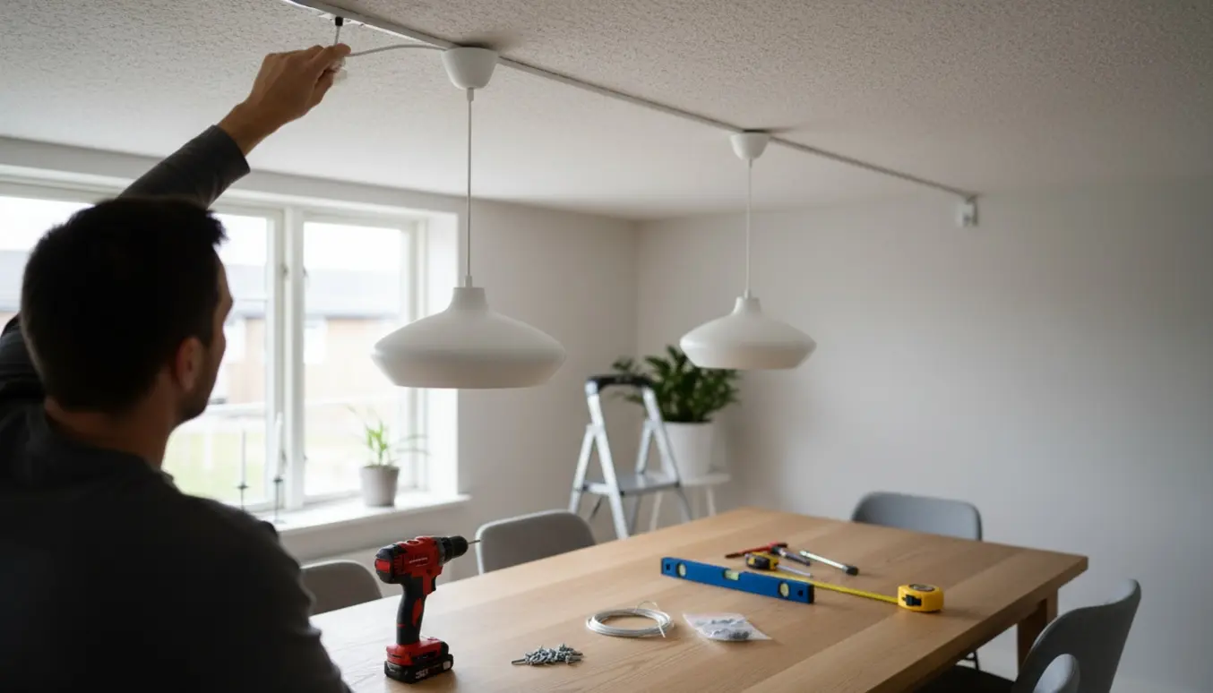 En tekniker hænger en Flowerpot-pendel over et spisebord, mens en ledningskanal skrues fast i loftet.