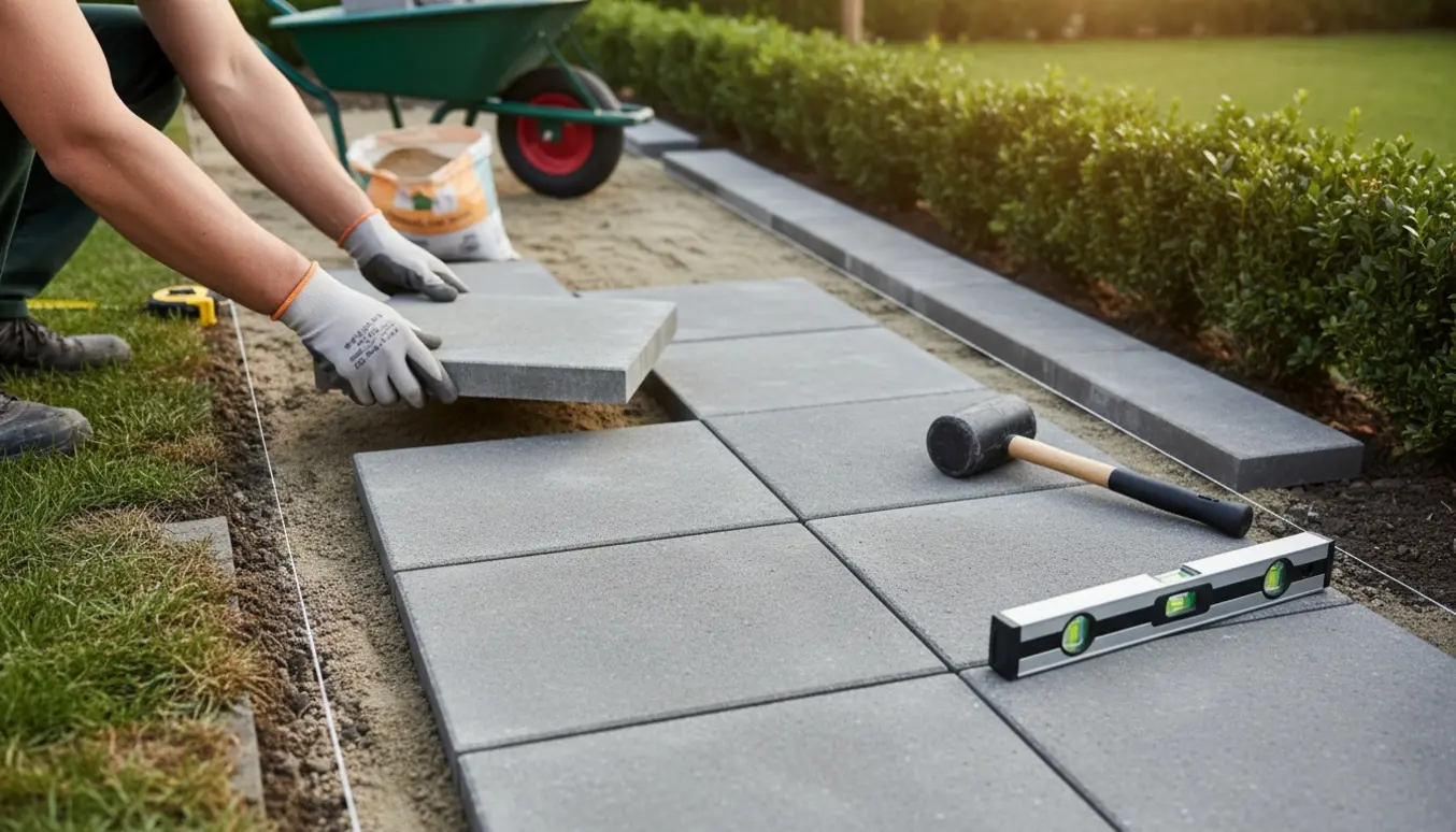 Udvidelse af terrasse med 30x30 fliser og lange kantfliser langs en hæk, græs er fjernet.