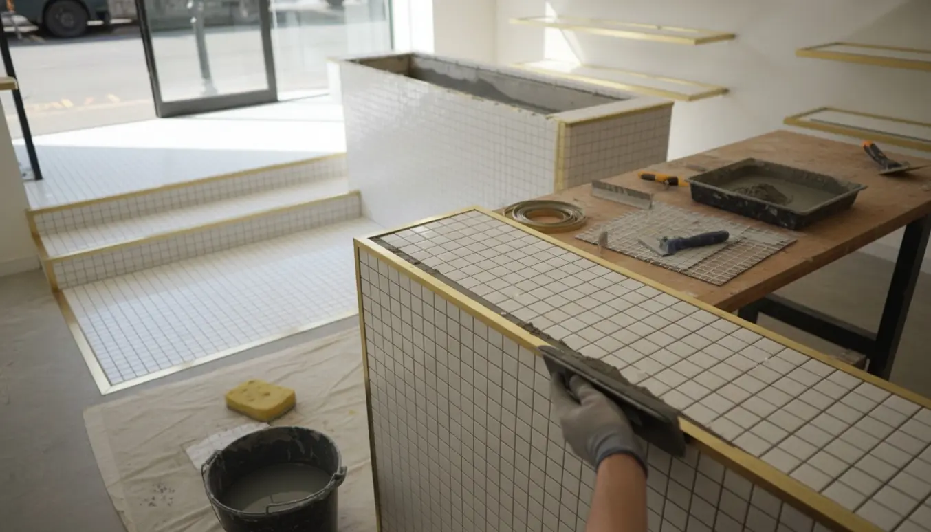 Nærbillede af flisearbejde på butiksdisk og indgang med små 10x10 fliser og messinglister.