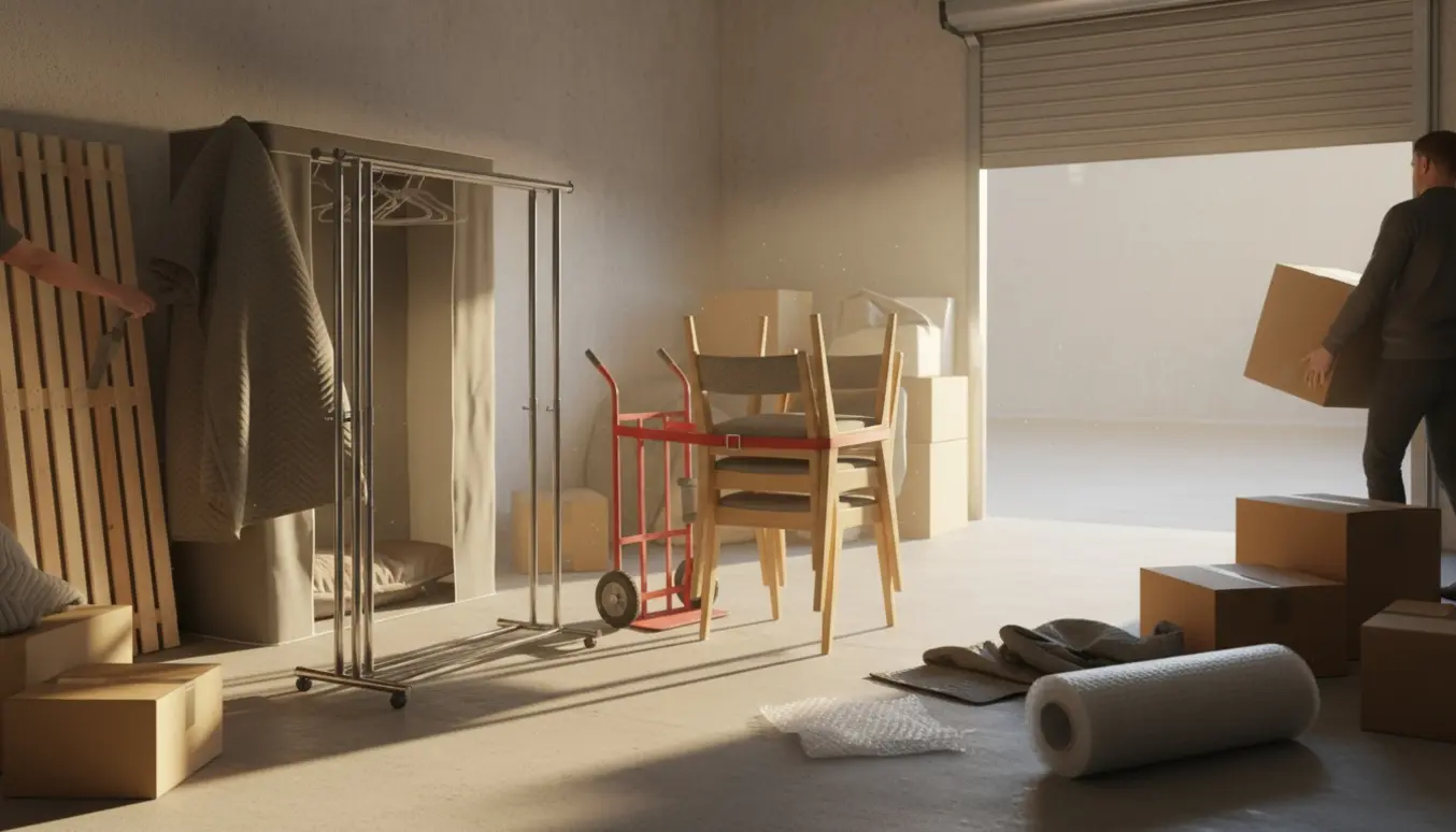 Et åbent lager med metal tøjstativ, stabler af seks stole, sengetammer og flyttekasser klar til opbevaring.