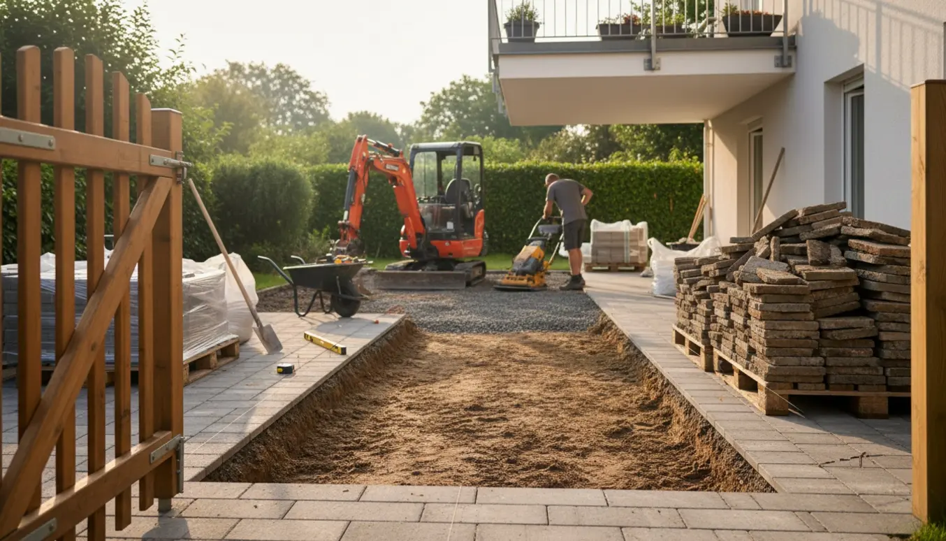 Mini-graver og værktøj klargør en terrasse under en altan med stakke af fliser, grus og stampemaskine.