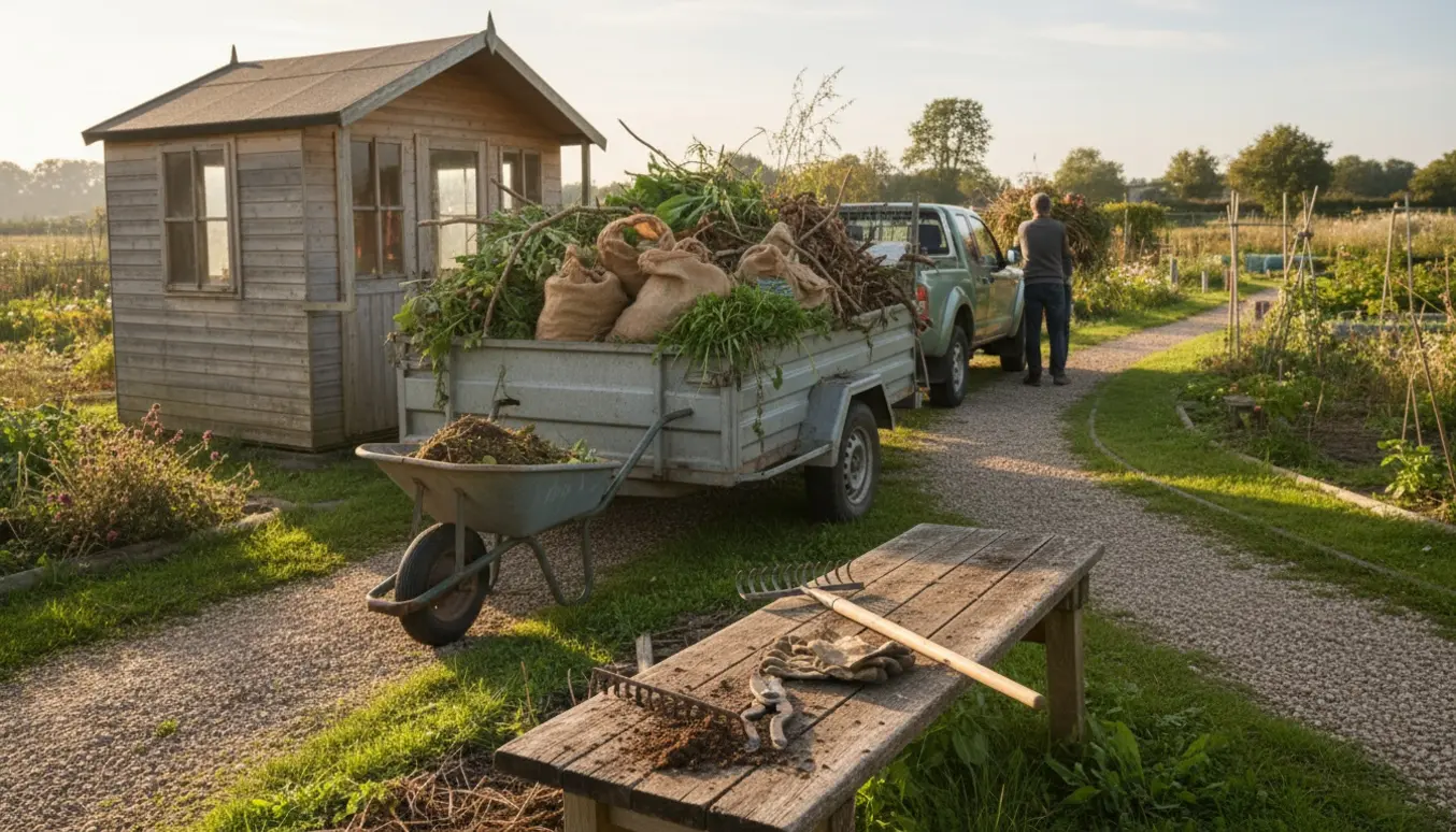 En trailer fyldt med haveaffald fra en kolonihave klar til afhentning.