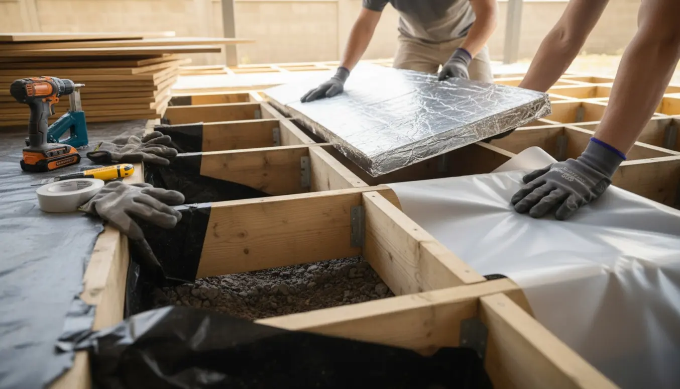 Under en overdækket terrasse installeres dampspærre og stive isoleringsplader med fjernede brædder og værktøj ved siden af.