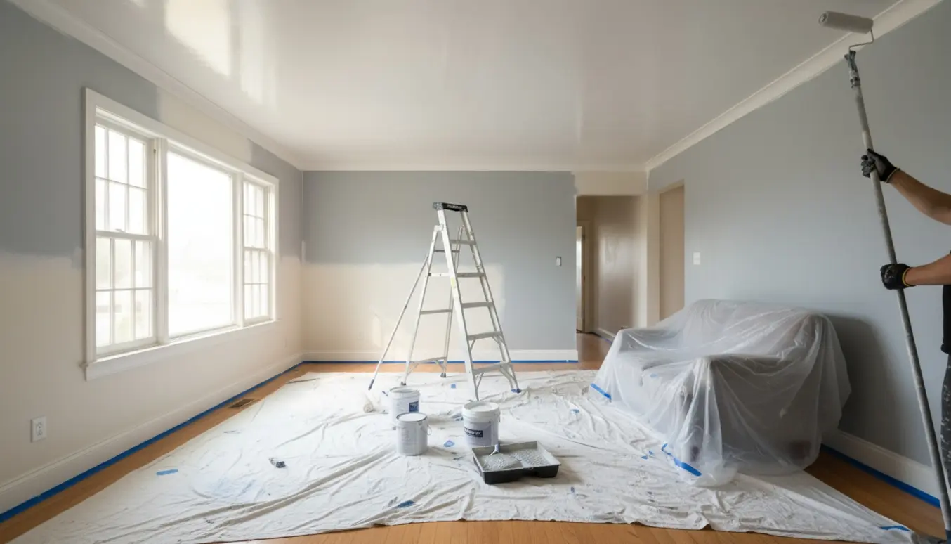 Maler på stige maler vægge og loft i en stueetage med ruller, malerbøtter og afdækningsfolie.
