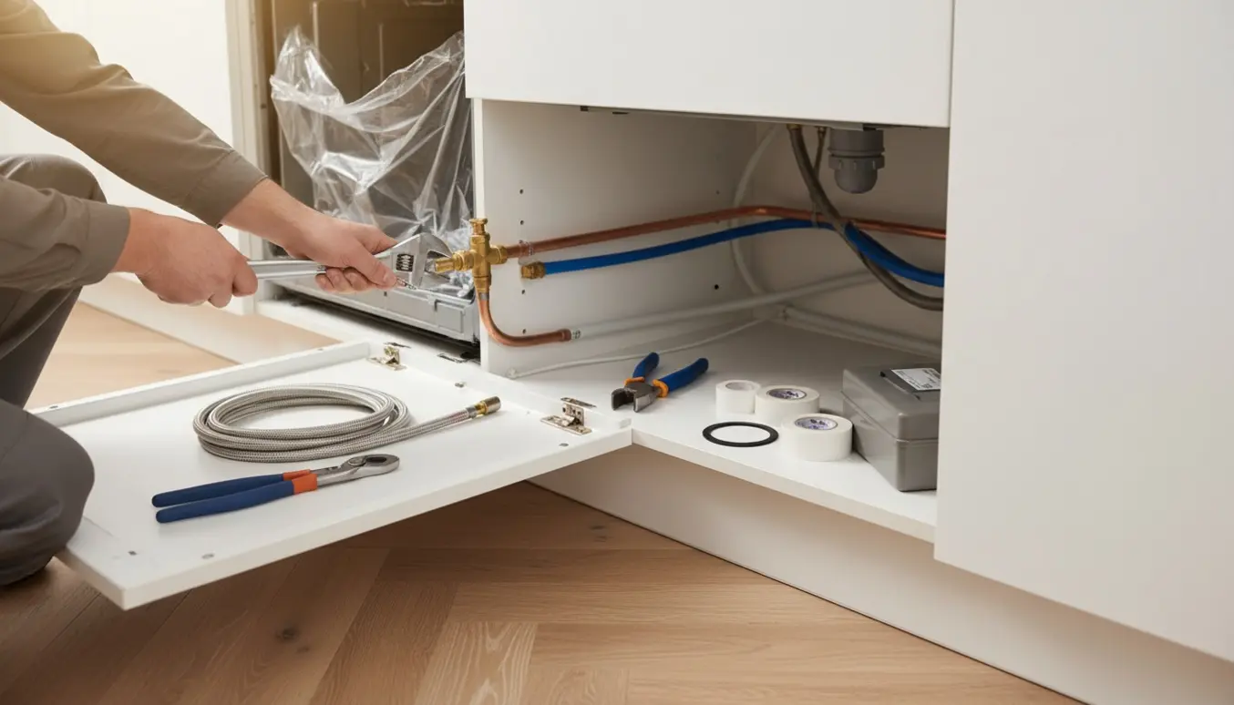Nærbillede af en VVS-montør, der monterer en ballofix under en køkkenvask for at tilslutte en opvaskemaskine.