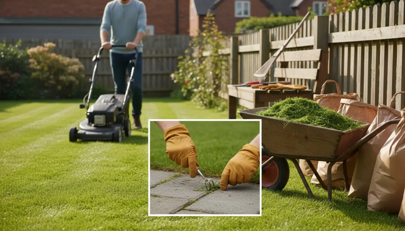 En person set bagfra slår græs med plæneklipper, mens hænder fjerner ukrudt mellem fliser og en trillebør er fyldt med haveaffald.