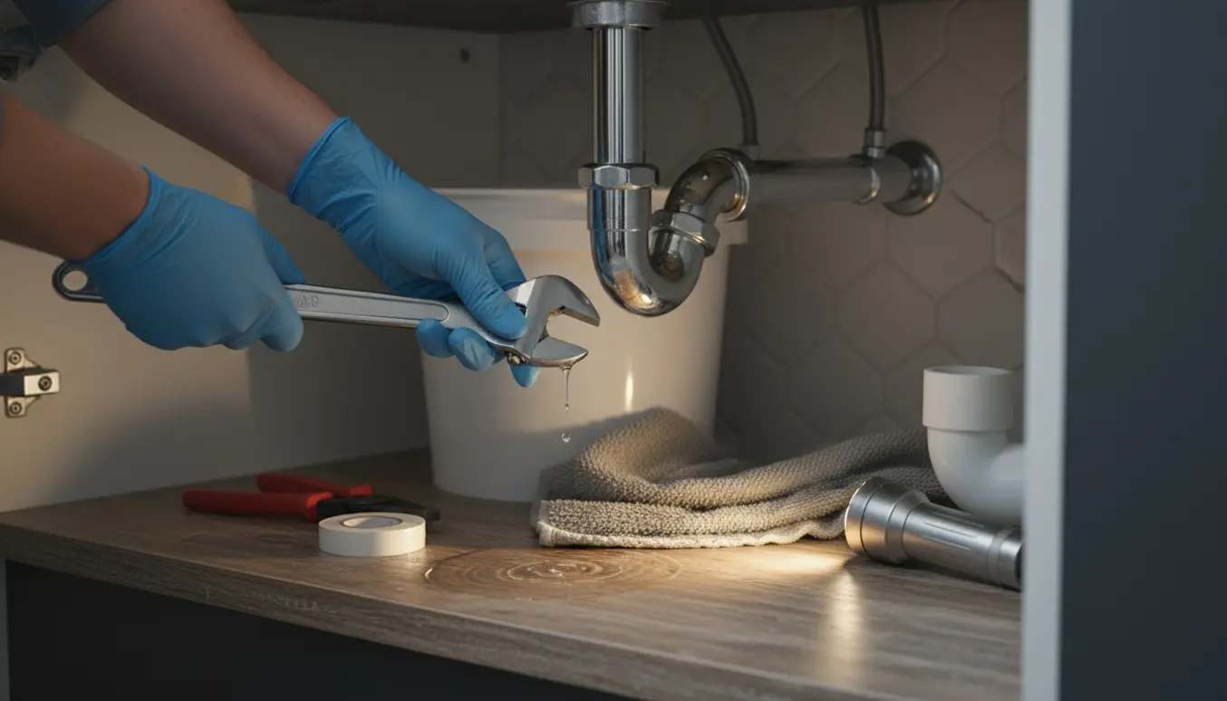 Utæt afløb under køkkenvasken med dryppende faldstykke og hænder, der strammer en møtrik.