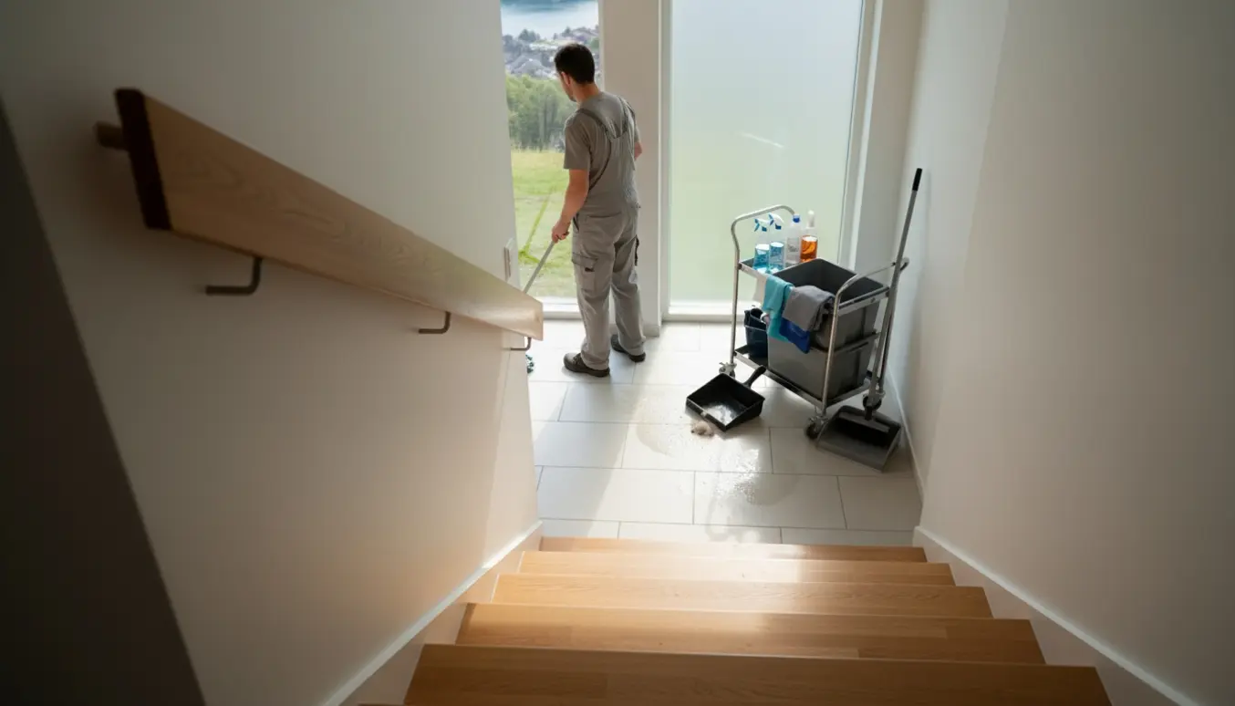 Rengøringsperson set bagfra, der mopper en lys trappeopgang i et dansk lejlighedsbyggeri med rengøringsvogn ved siden af.