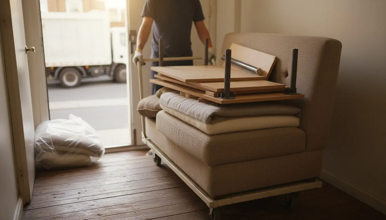 Adskilt sofa stablet på en tralle på en 2. sals repos, klar til storskrald.