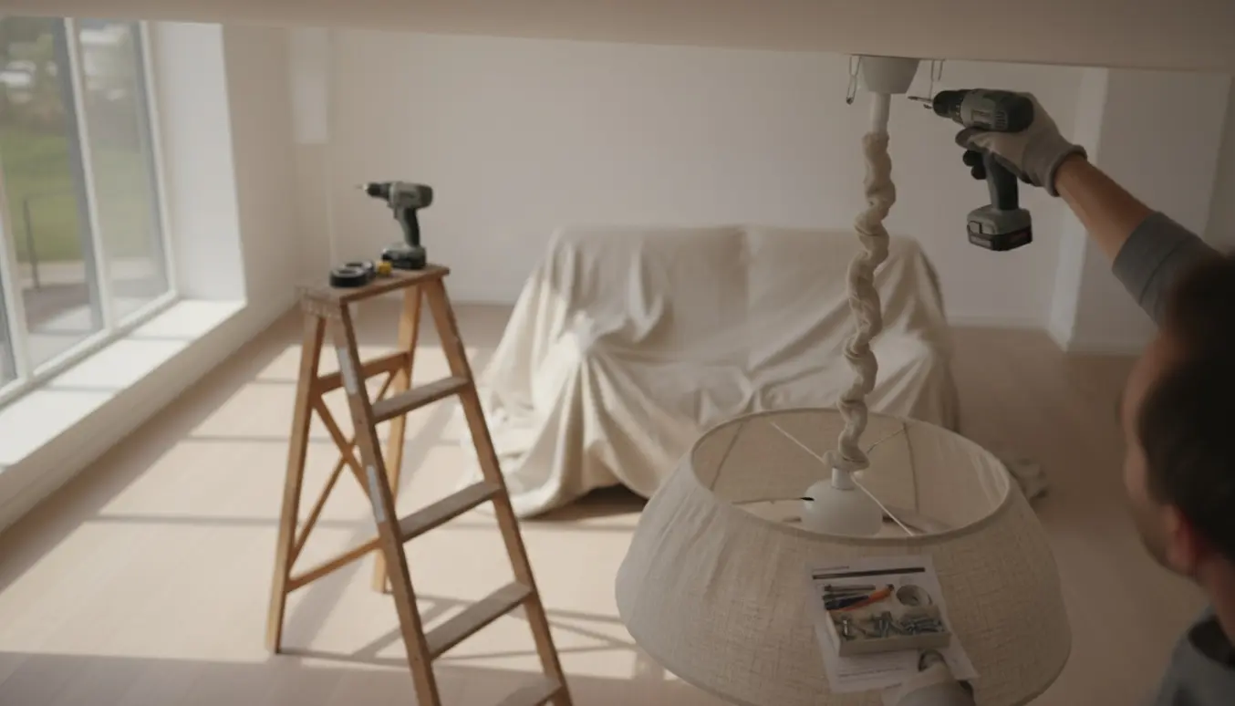 Nærbillede af ophængning af en loftlampe med kraftig stofledning, værktøj og monteringsdele på en stige.