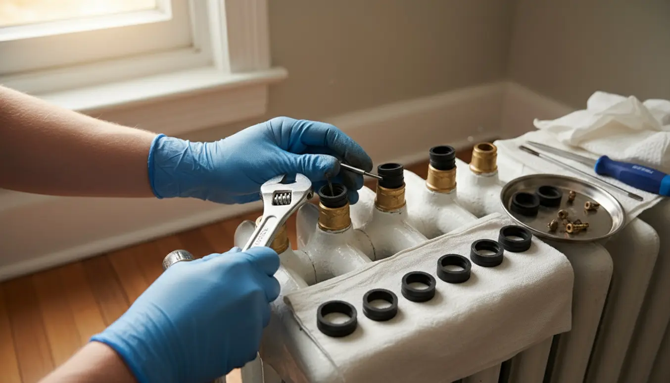 Nærbillede af hænder, der udskifter pakdåser på seks radiatorventiler med værktøj og reservedele.