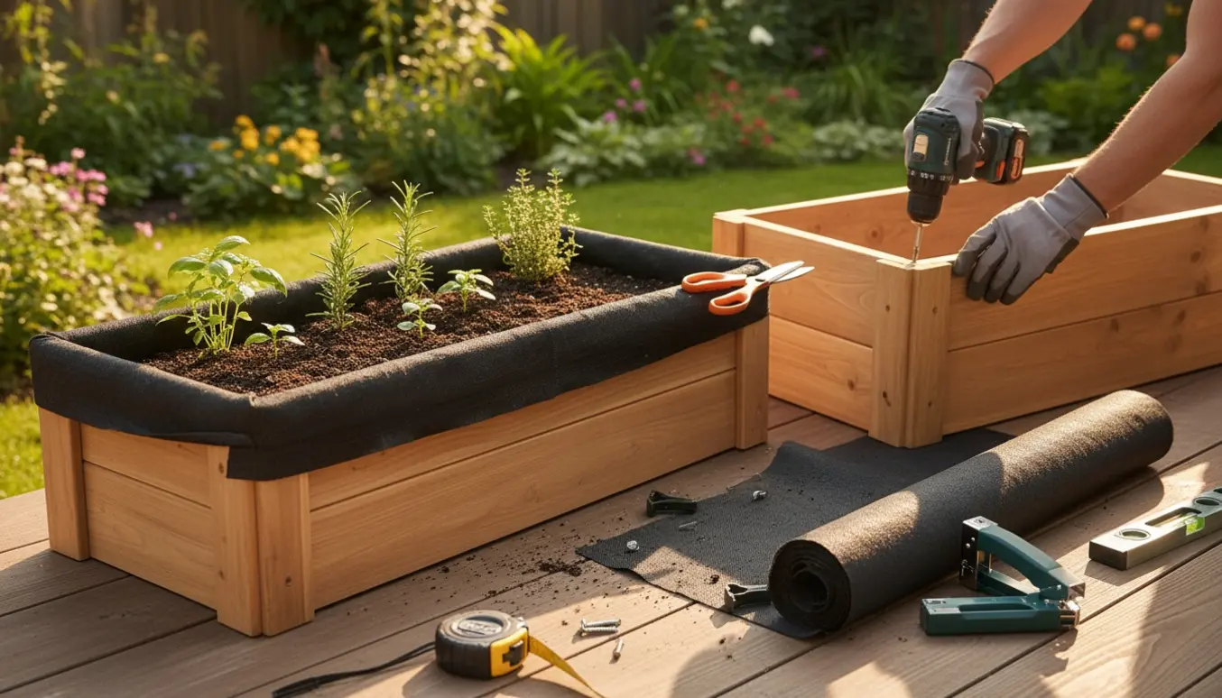To træ-plantekasser på en solrig terrasse, hvor hænder monterer og foret dem med dug og fylder med jord.