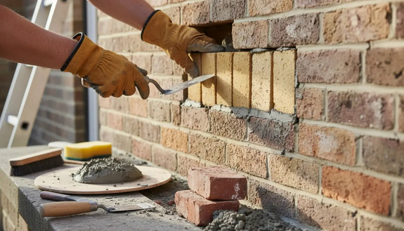 Nærbillede af udskiftning af fem gule mursten i en mur med værktøj og frisk mørtel.