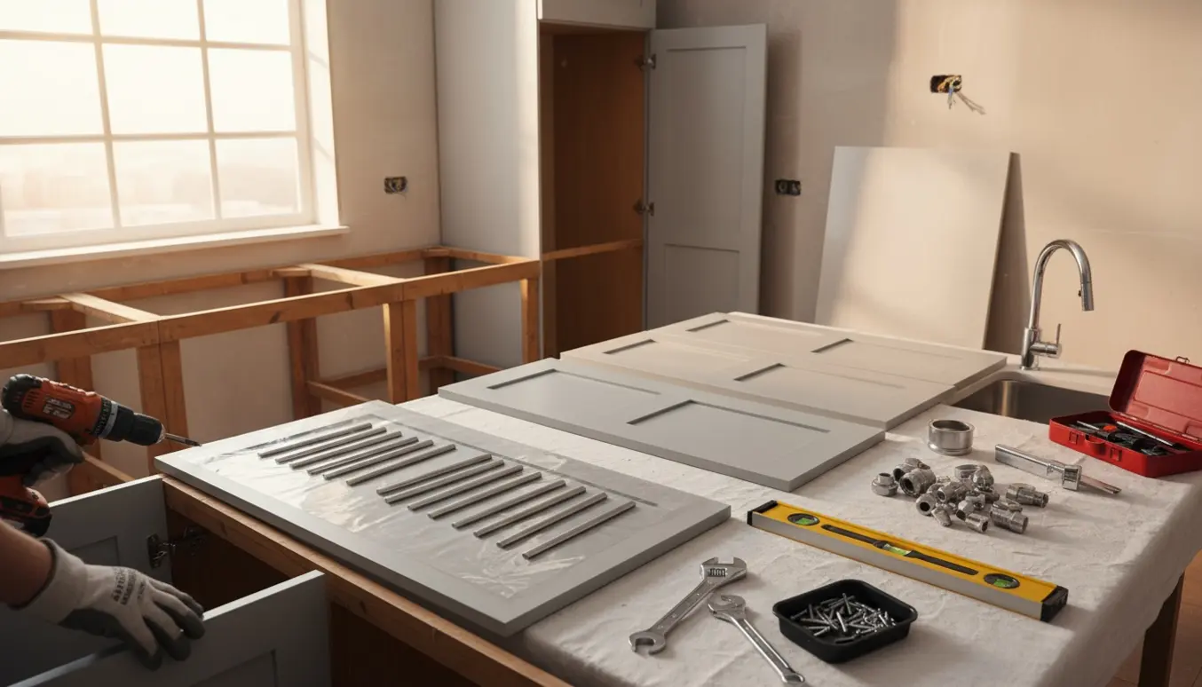 Lille køkken under renovering med nye skabslåger, bordplade, vask og værktøj.