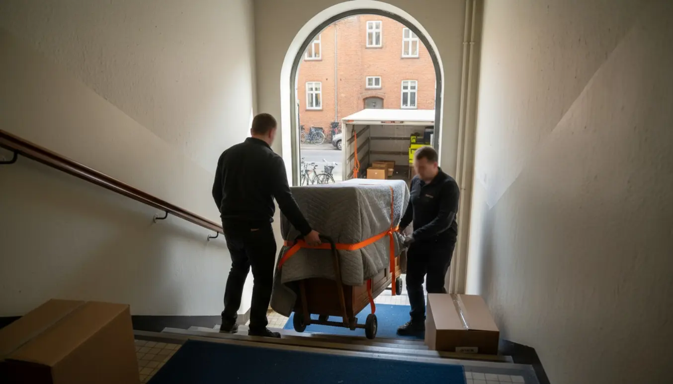 To flyttefolk bærer en indpakket skænk op ad en smal opgangstrappe ved en ventende flyttebil.
