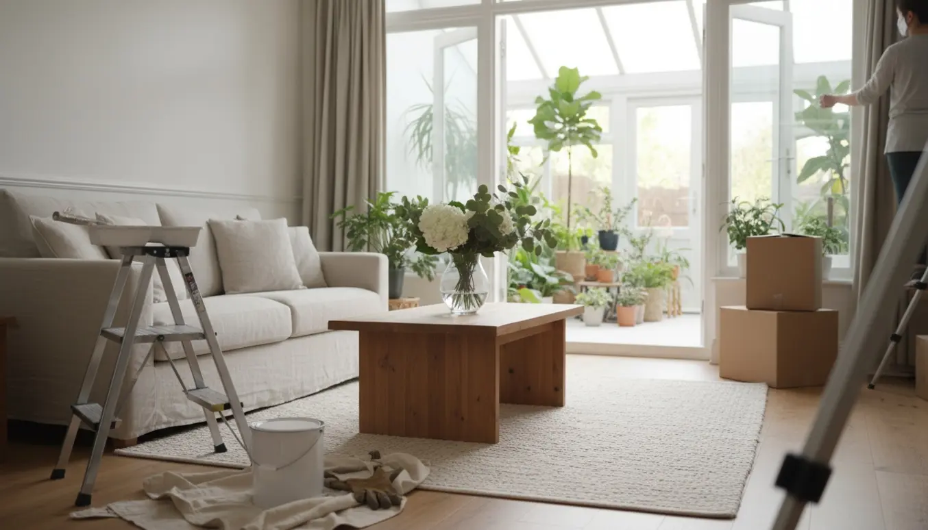 Lys, nypudset stue med malerudstyr og en stor udestue i baggrunden, klar til salg.