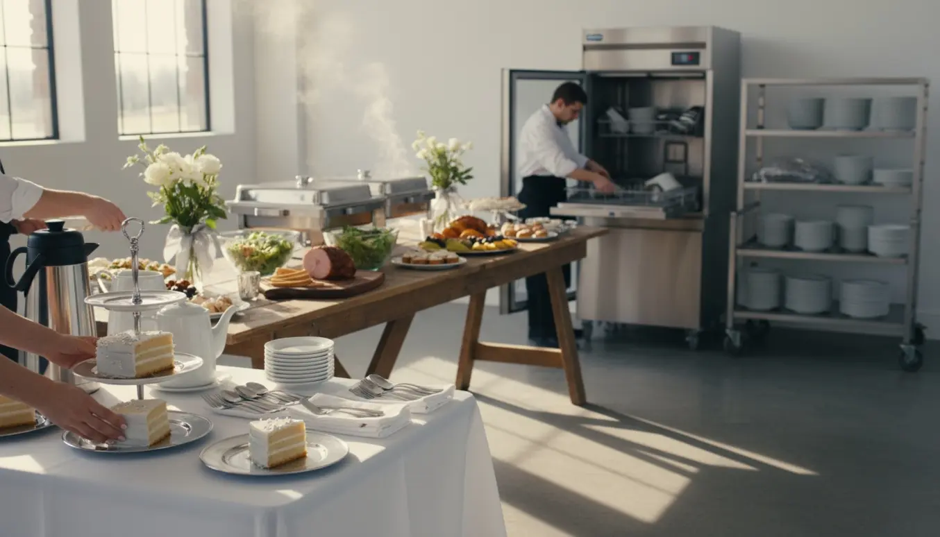 Servere anretter kagebord og buffet ved et sølvbryllup med kaffestation, fade og opvaskeri i baggrunden.