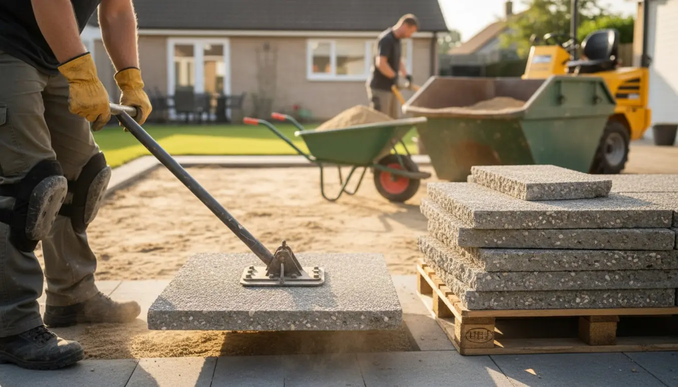 Stak 60x60 fliser ved en terrasse, mens arbejdshandsker fjerner fliser og sand skovles i en container.