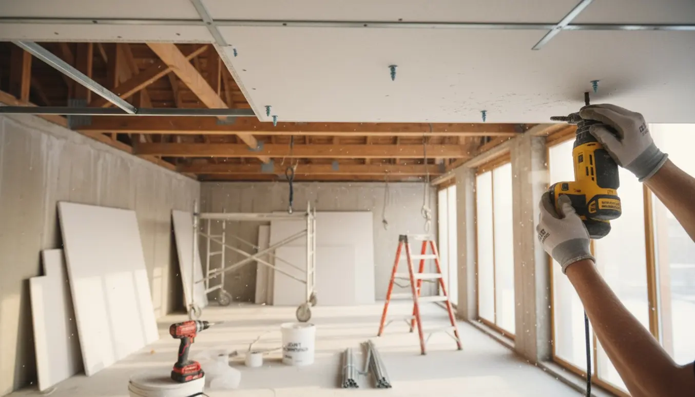 Gipsloft under montage med stillads, gipsplader og værktøj i et rum med blødt dagslys.