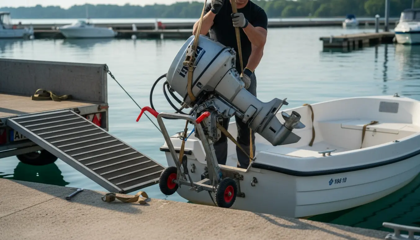 Tung 80 kg påhængsmotor løftes fra trailer og sættes på bådens motorbeslag ved en lystbådehavn.