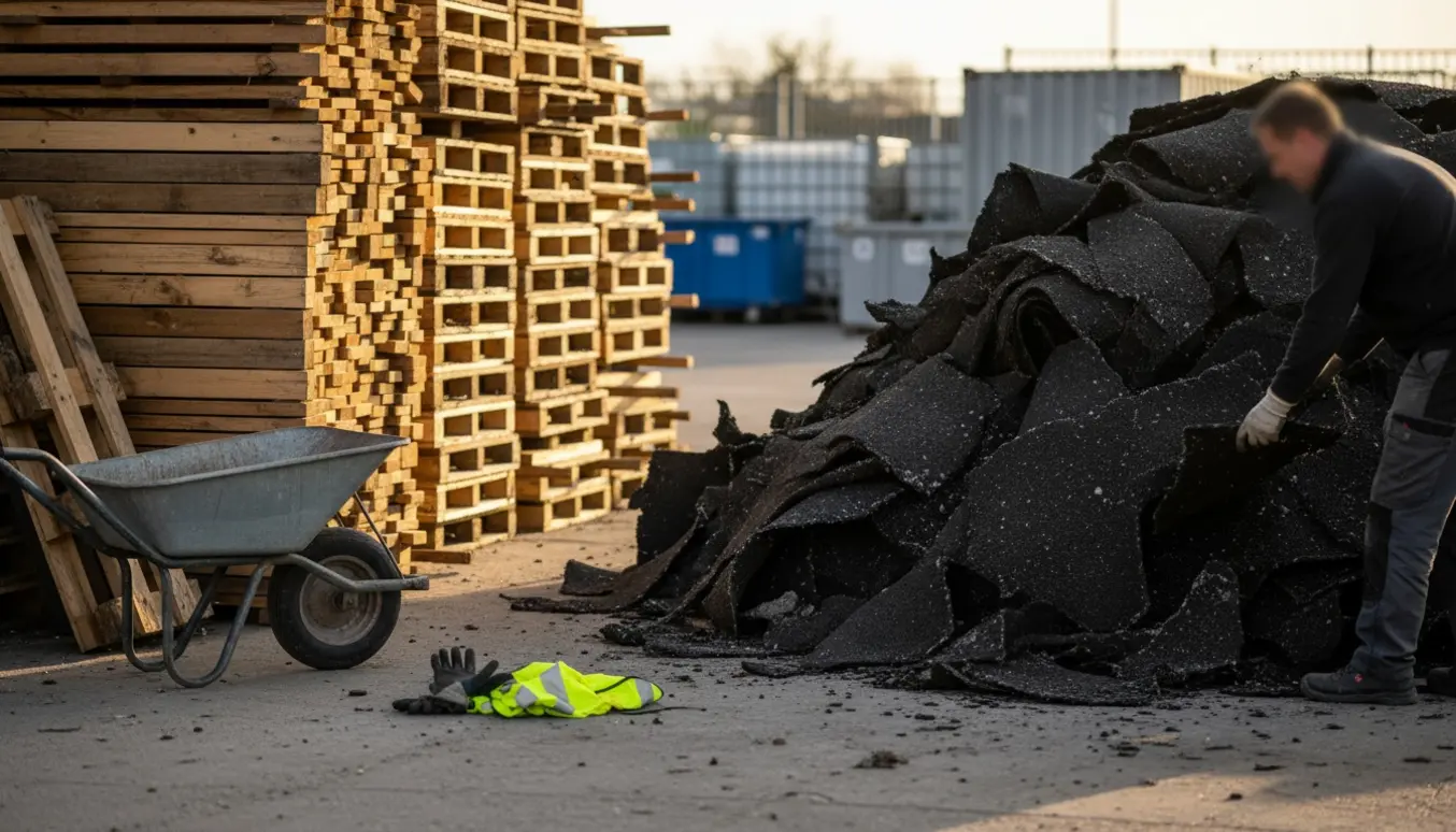 Stabler af sorteret byggeaffald med træpaller og en bunke tagpap, en arbejders hånd i handsker lægger materiale til side.
