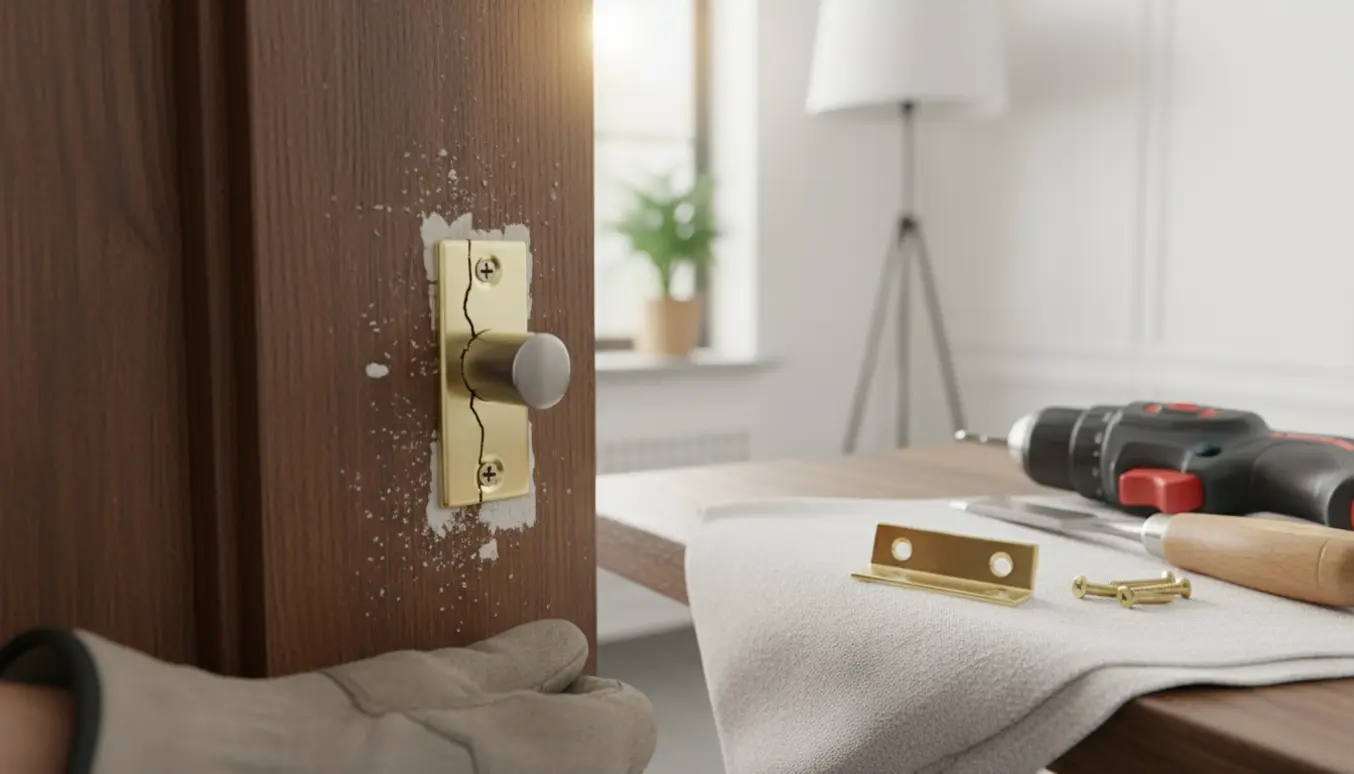 Nærbillede af udskiftning af et beskadiget låseblik i en dørkarm med værktøj.