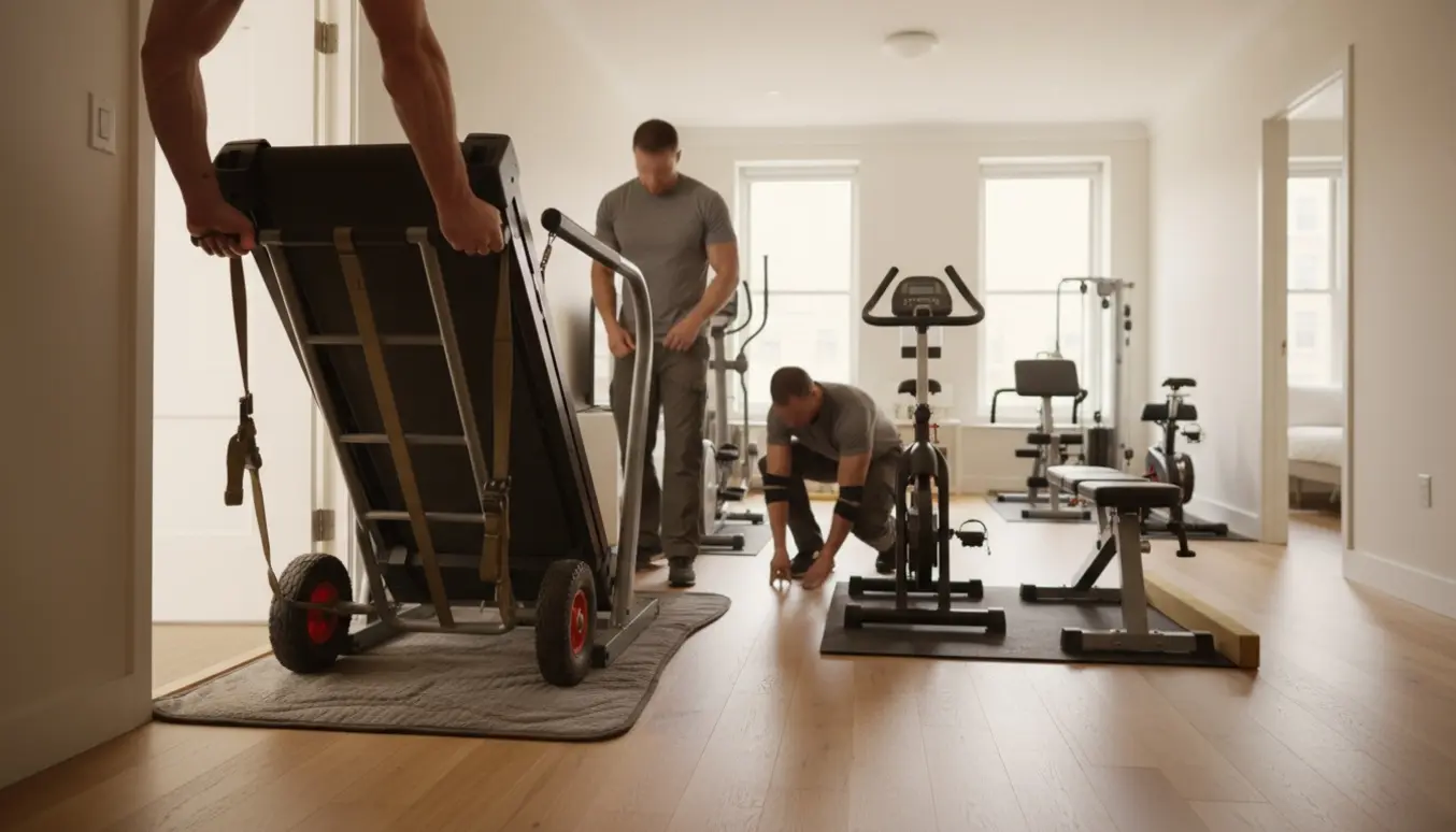 To personer flytter omkring seks fitnessmaskiner gennem en stueindgang ved hjælp af dolly og flyttestropper.