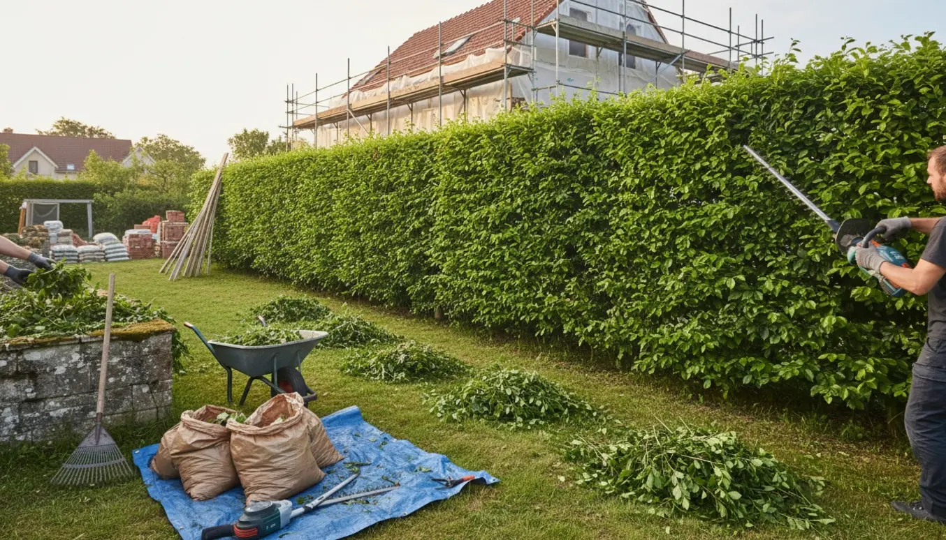 Lang bøgehæk ved et hus under ombygning med nysnittede grene og haveredskaber i forgrunden.