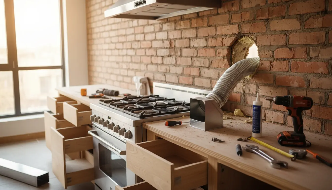 Nærbillede af installation af emhætte, hvor et firkantet aftræk omdannes til et rundt rør og føres gennem mur bag køkkenskuffer.
