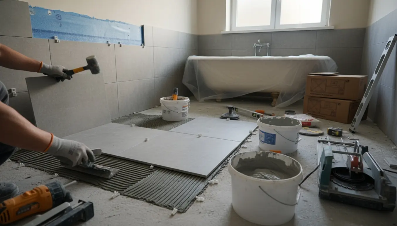 Nærbillede af fliselægning i et badeværelse med store 60×60 fliser, værktøj og hænder i gang med at lægge fliser.