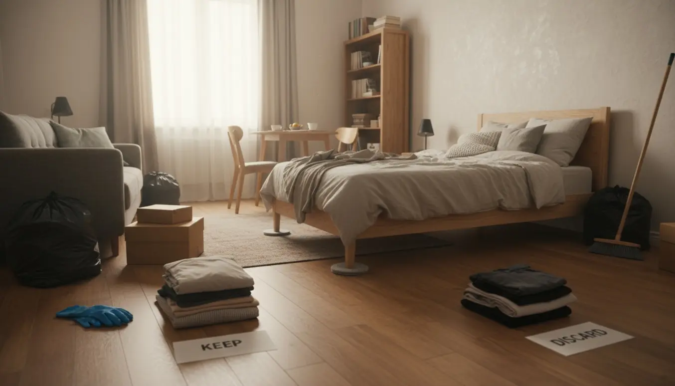 En lille lejlighed under oprydning, hvor en seng skubbes lidt til omgivet af affaldssække og flyttekasser.