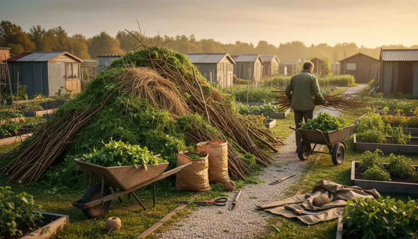 Stor bunke haveaffald ved en smal fællessti i en kolonihave med trillebør, affaldssække og hænder i arbejdshandsker, der læsser grene.