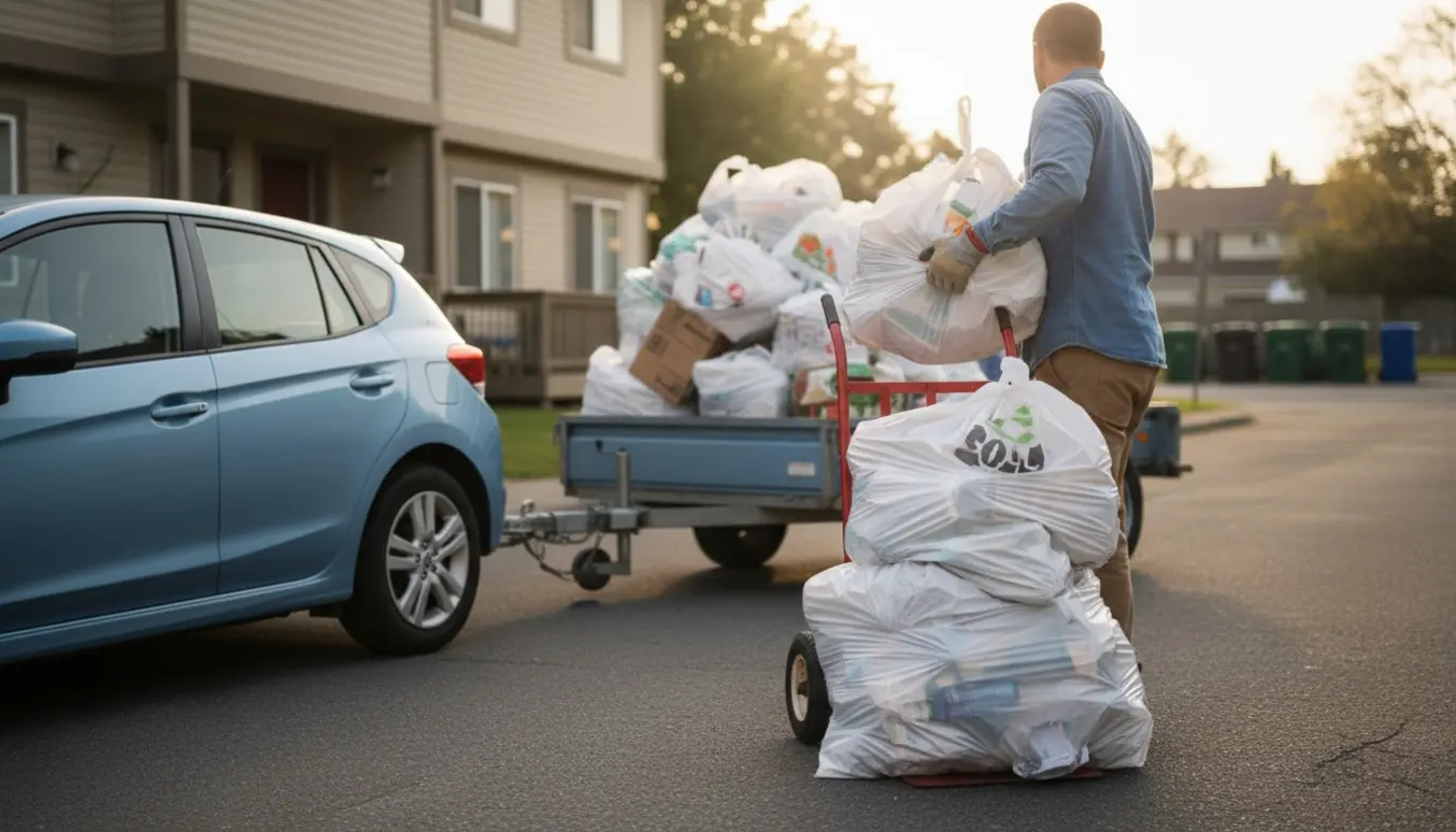 Person læsser mange sække med pap og emballage på en trailer uden for stueetagen.
