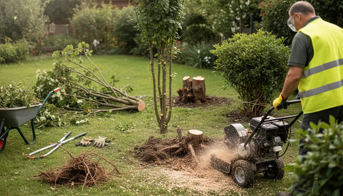 Rodfræsning og fjernelse af en hassel, en rododendron og mindre buske i en lille have med værktøj og træflis.