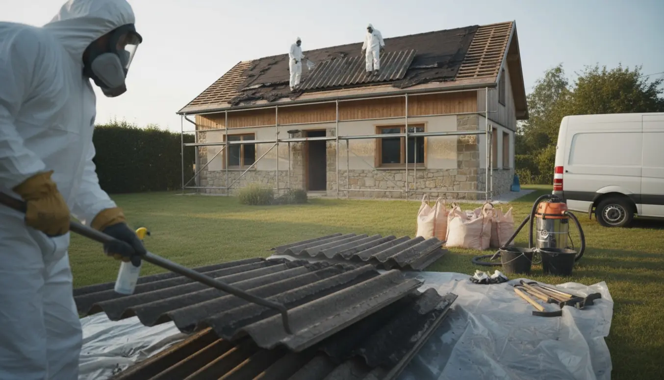 Arbejdere i beskyttelsesdragter fjerner et gammelt asbesttag fra et lille hus, mens materialer samles på plastik.