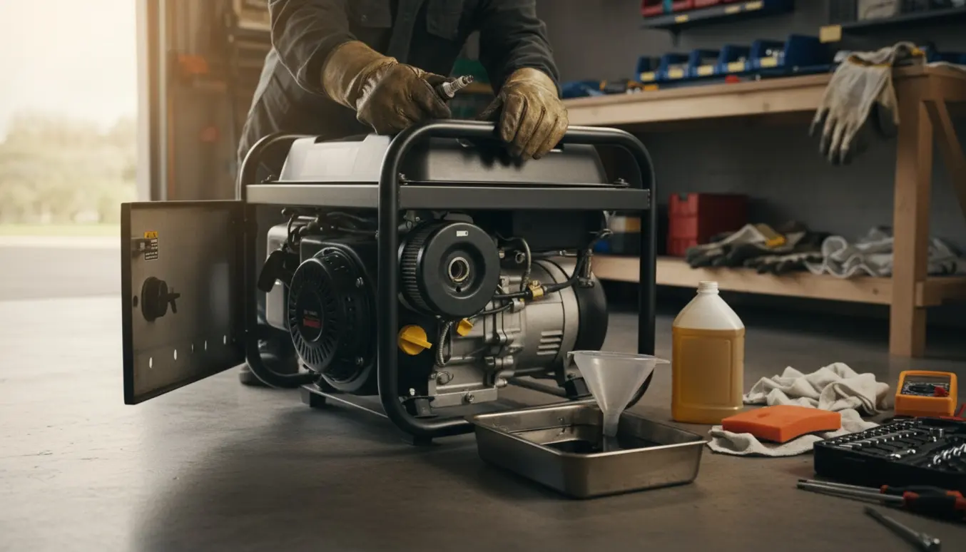 Hænder servicerer en bærbar strømgenerator i et værksted med værktøj og olie.