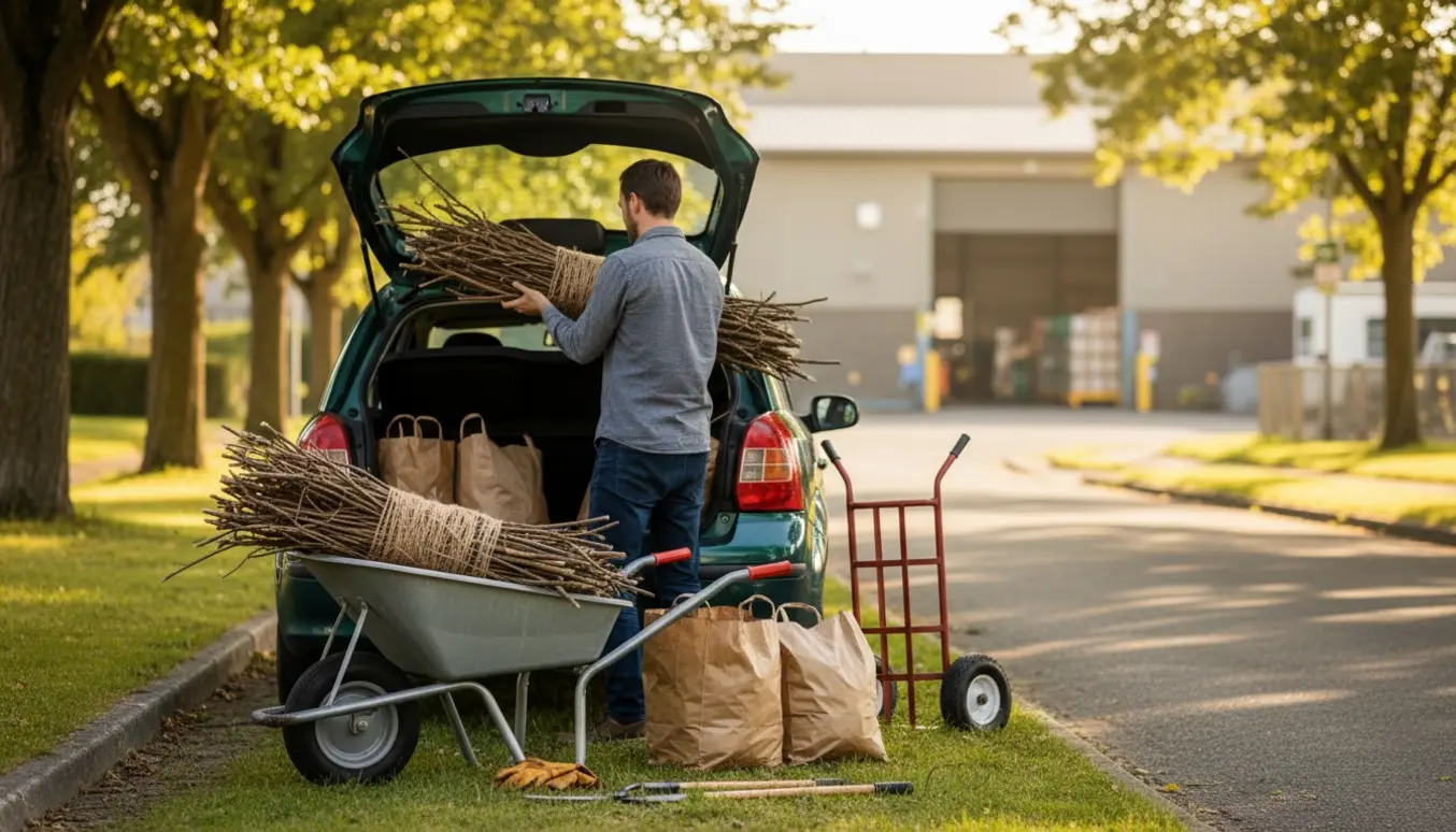 En person læsser havespild i en lille bils bagagerum med skubbevogn og bundtede grene på en stille vej.