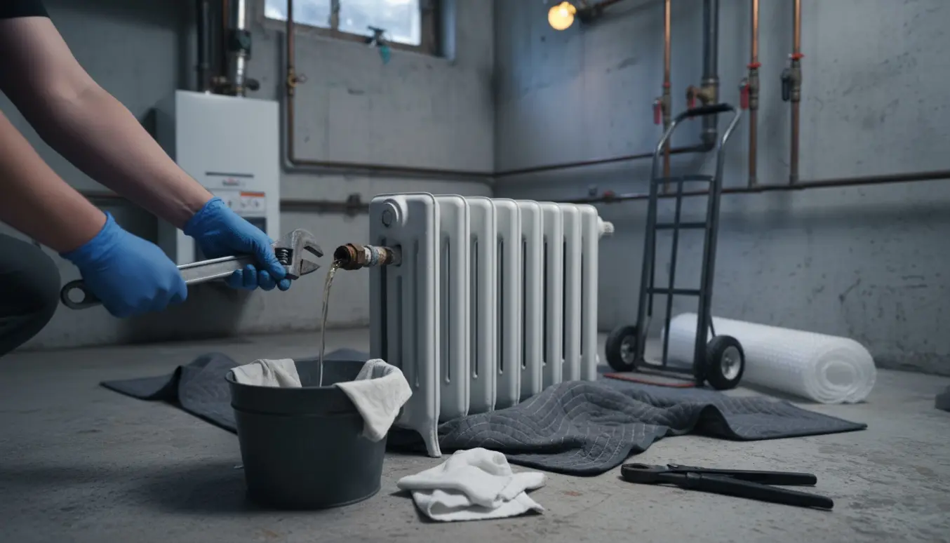 Afmontering af radiator i kælderen med gasfyr i baggrunden og en spand til opsamling af vand.