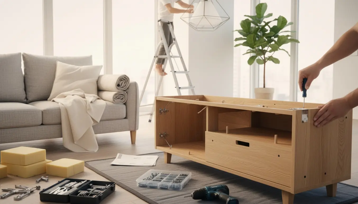 Hænder samler et nyt tv-skab og en sofa, mens en pendellampe monteres i et lyst, moderne stuerum.