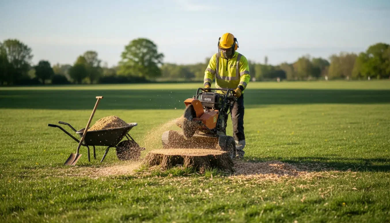 En stubfræser fjerner en rund træstub på en stor solbeskinnet græsplæne.