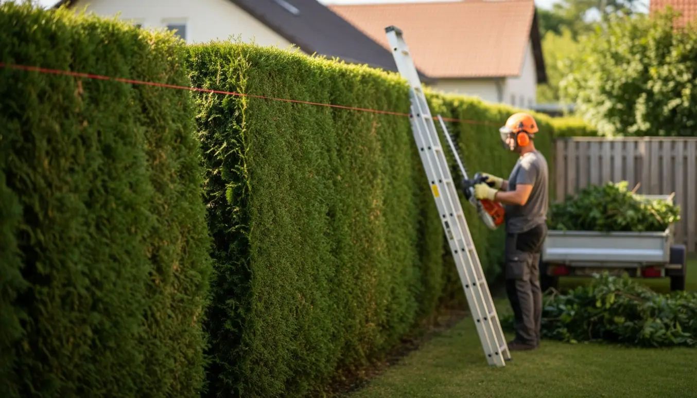 Lang hæk på ca. 30 meter klippes med motorhækkeklipper, en snor markerer ny klippehøjde, og afklippede grene læsses i en trailer.