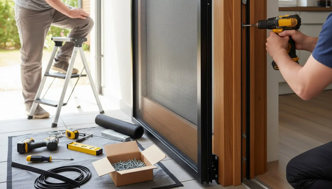 To personer monterer en insektdør i en døråbning, med værktøj og fint net synligt.