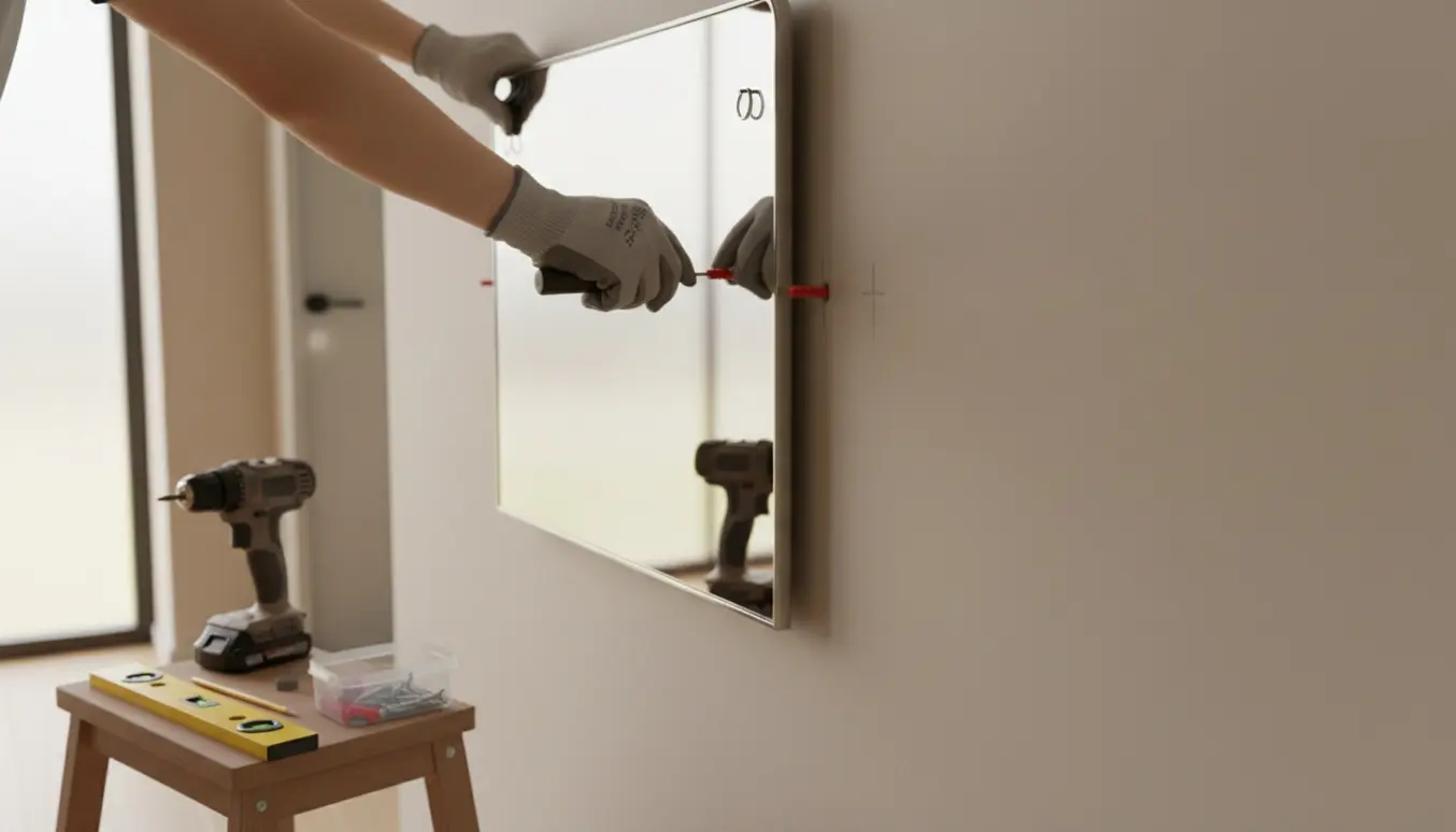 Hænder monterer et spejl på en væg med rawlplugs og skruer i et lyst, minimalistisk rum.