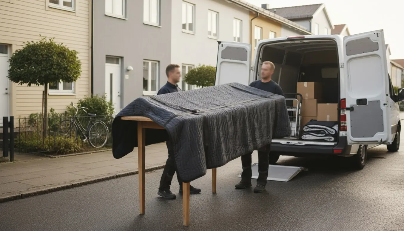 Et stort spisebord pakket ind bæres af to personer ind i en åben flyttevogn på en rolig boliggade.
