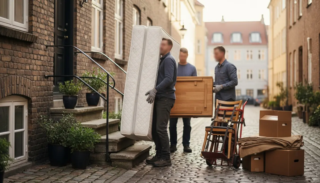 Flyttefolk bærer en dobbeltseng og et spisebord op ad en trappe foran en københavnsk gård med flyttekasser og tæpper.