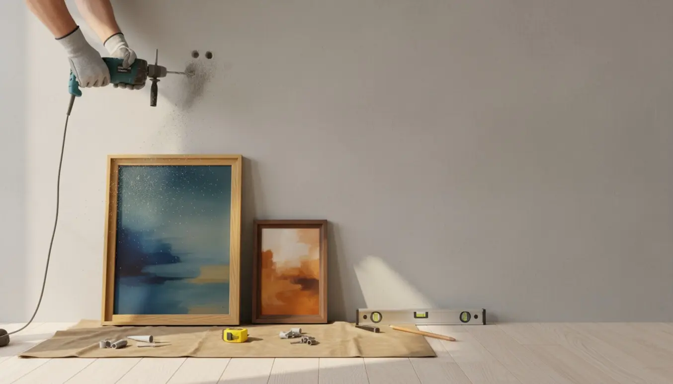 Hænder borer huller i en betonvæg for at hænge to indrammede malerier.