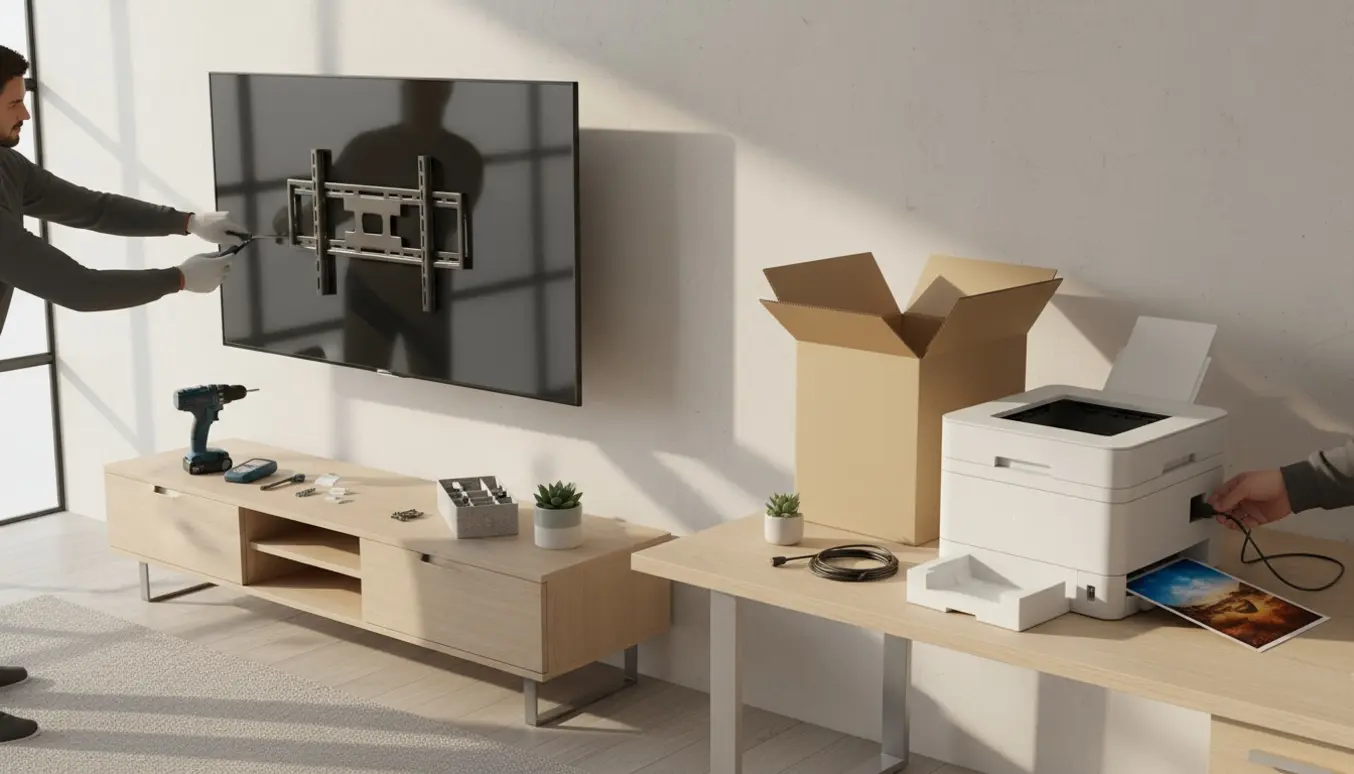 Hænder monterer et nyt væg-tv, mens en ny printer sættes op på et skrivebord med åbne kasser og værktøj.